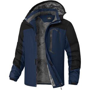 Men's Winter Navy/Black Jackets Waterproof Warm Fleece Ski Jacket with Hood.